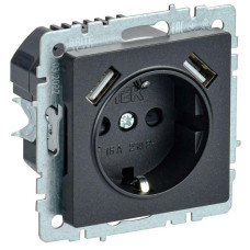 Розетка BRITE РЮш10-1-БрЧ 16А с USB A+A 2.1А с заземл. защ. шторки механизм черн. IEK BR-R14-16-U21-D21-K02