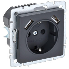 Розетка BRITE РЮш10-1-БрГ 16А с USB A+A 2.1А с заземл. защ. шторки механизм графит IEK BR-R14-16-U21-D21-K53